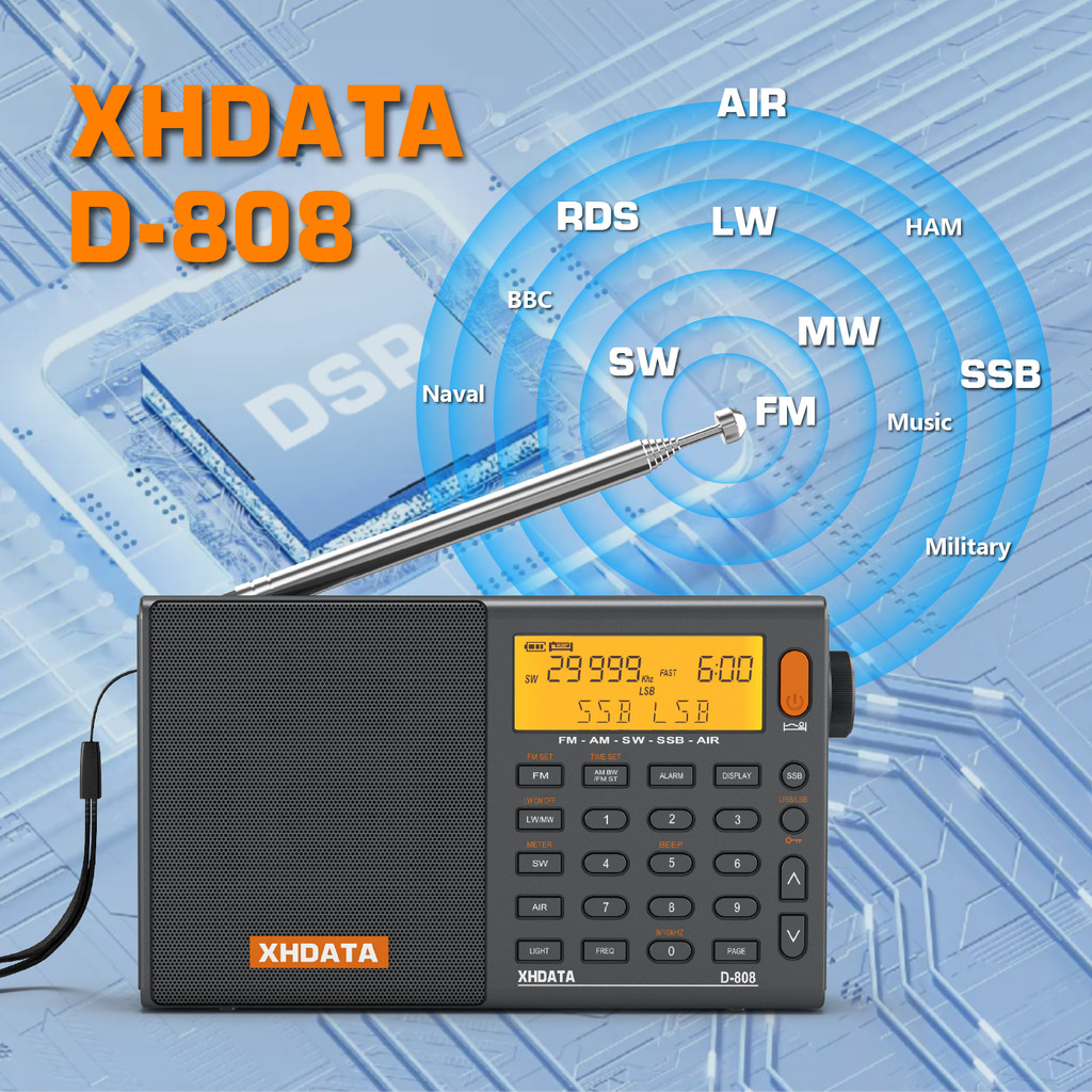 XHDATA D-808 AM/FM/SW/MW SSB AIR RDS Full Band Portable Radio with Multifunction Deep Sound Stereo R