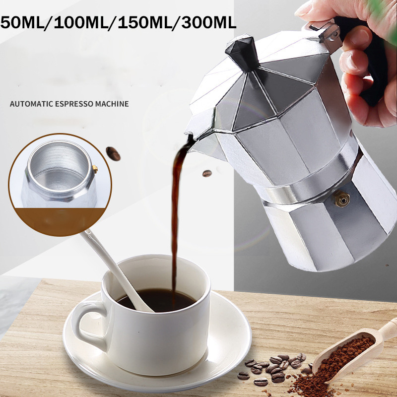 Portable Moka Coffee Pot 50ML/100ML/150ML/300ML Italian Aluminum Moka Pot Octagonal Espresso Moka Co