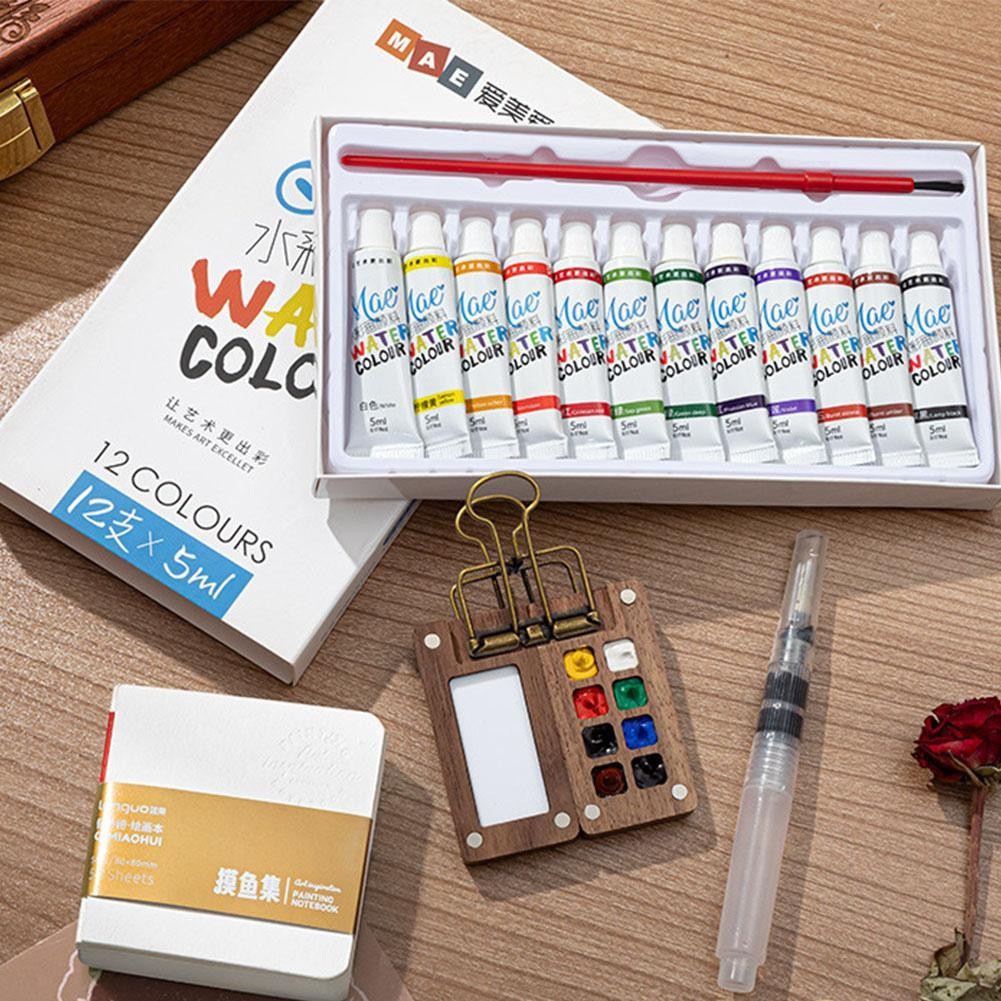 

Mini Portable Watercolor Palette Set - Watercolor Sketch Book, 8-compartment Watercolor Tray, Waterpen, 12pcs Pigment Travel Kit