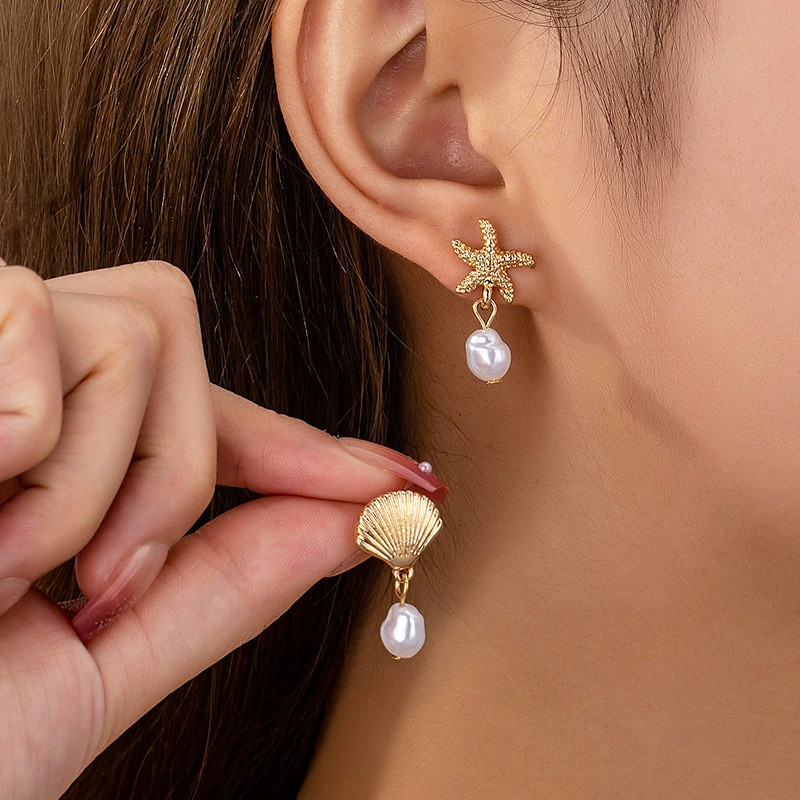 Anting Logam Temperamen Anting-anting Bintang Laut Rumbai Mutiara Rumbai Sederhana Anting Wanita Hal