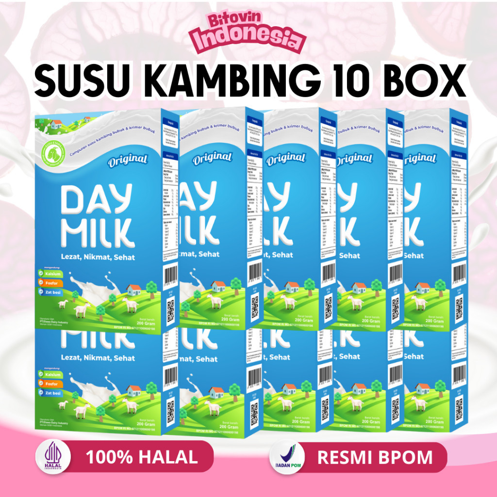 

DAYMILK 10 BOX ORIGINAL- Susu Kambing Etawa 200gr - Atasi Flek Paru Paru/Asma/TBC/Asam Lambung/Gerd/Memperkuat Tulang Sendi - Asam Urat & HALAL Halal dan BPOM