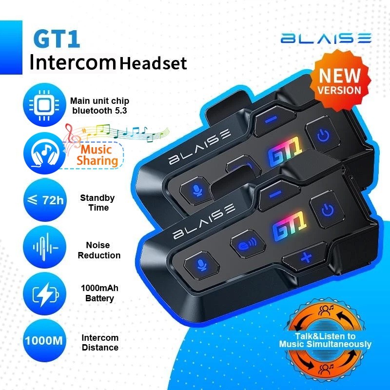 BLAISE GT1 Intercom Helm Waterproof Musik Sharing Interkom Mic Helm Intercom 2 orang Bluetooth Helm
