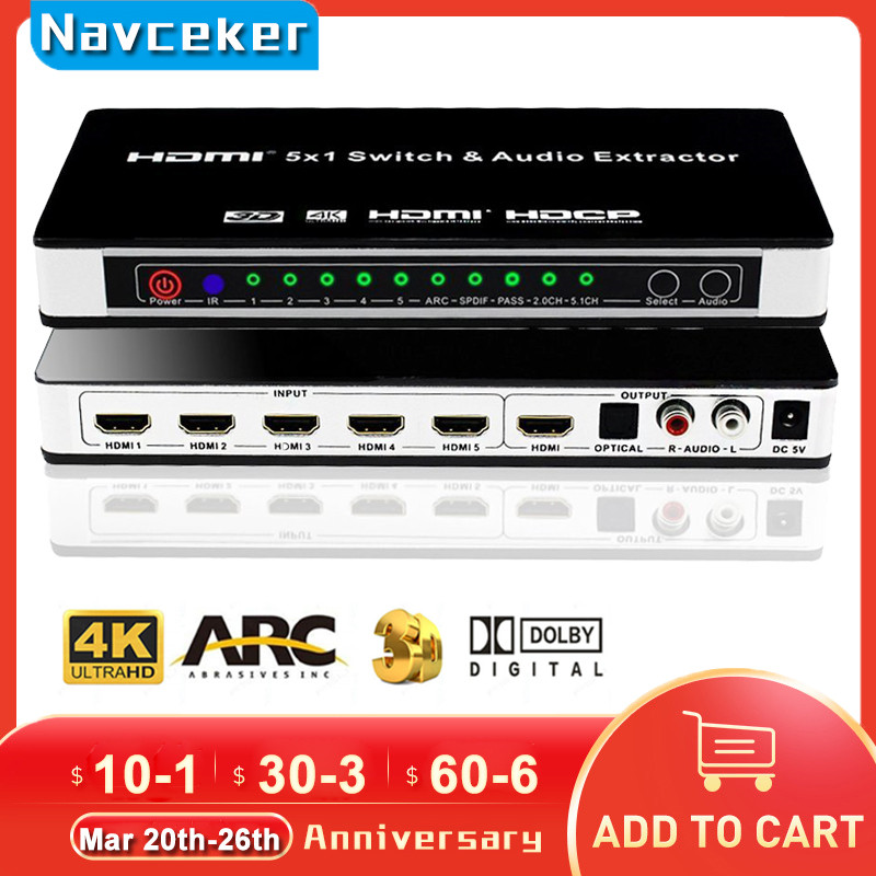 2023 HDMI Switch Switcher 5x1 HDMI Audio Extractor 4Kx2K 3D ARC Audio EDID Setting HDMI 1.4v HDMI Sw