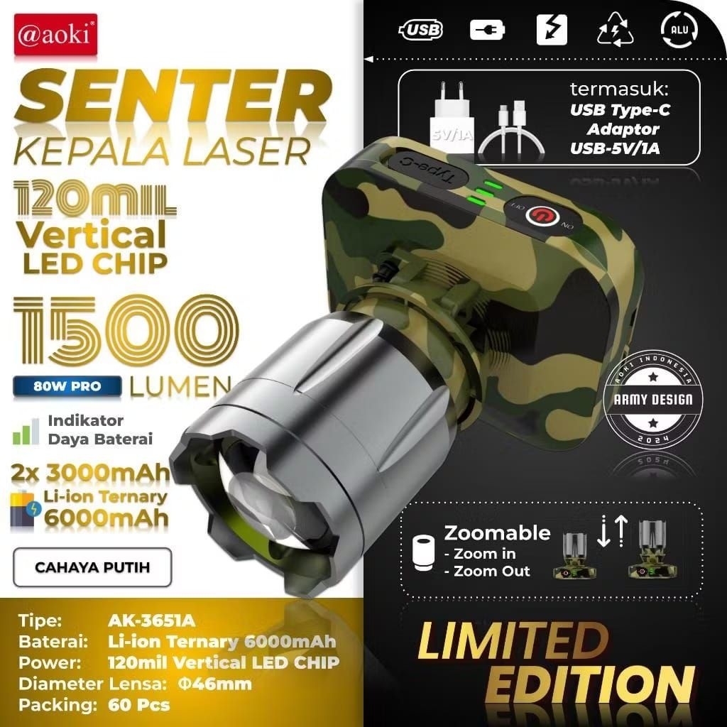 AOKI SENTER KEPALA ZOOM 60WAT PRO+ 1100LUMEN ARMY DESIGN AK-3671A ORIGINAL
