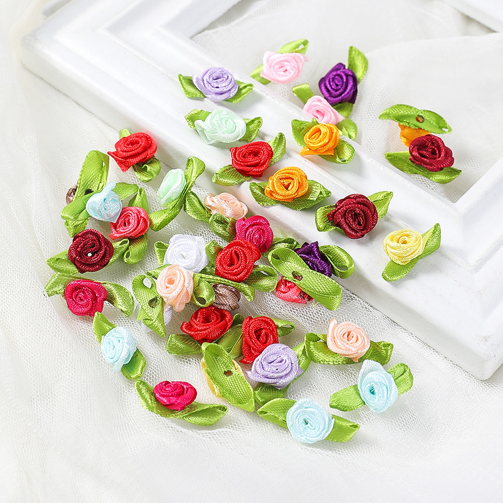 

50/100PCS 2CM Mini Ribbon Roses With Leaf Satin Rose Buds Fabric Flowers DIY Wedding Craft Supplies Ribbon Bow-Knot Decorations