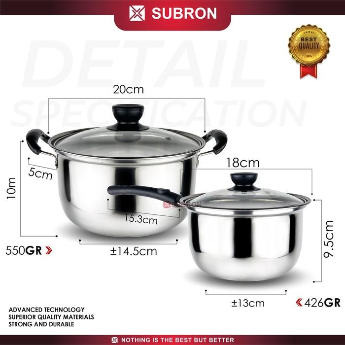SUBRON Panci Susu 18cm + Panci Sup 20cm Set Panci Stainless Tutup Kaca - Panci Set Subron Panci - Pa