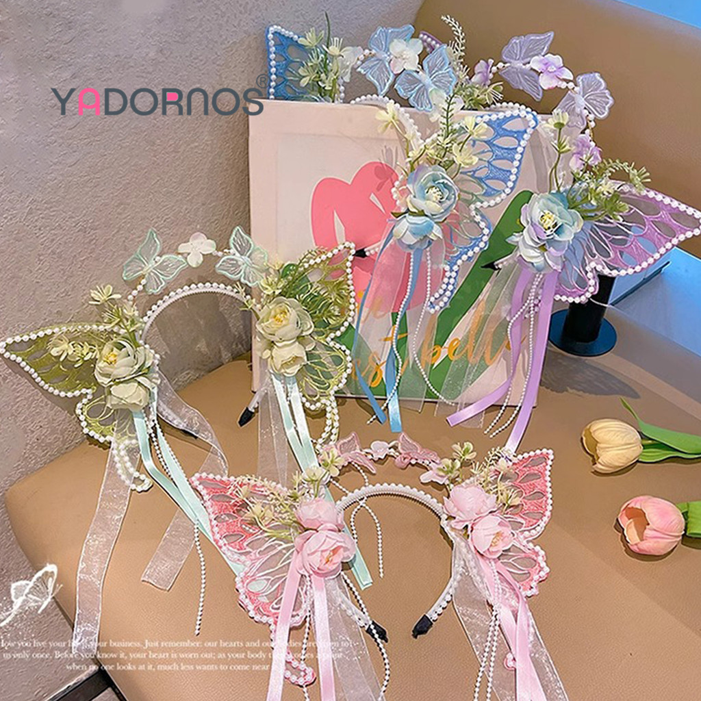 YADORNOS Kupu-kupu Fairy tassel mutiara pita headband - Bunga Fairy 3D Kupu-kupu besar tassel mutiar