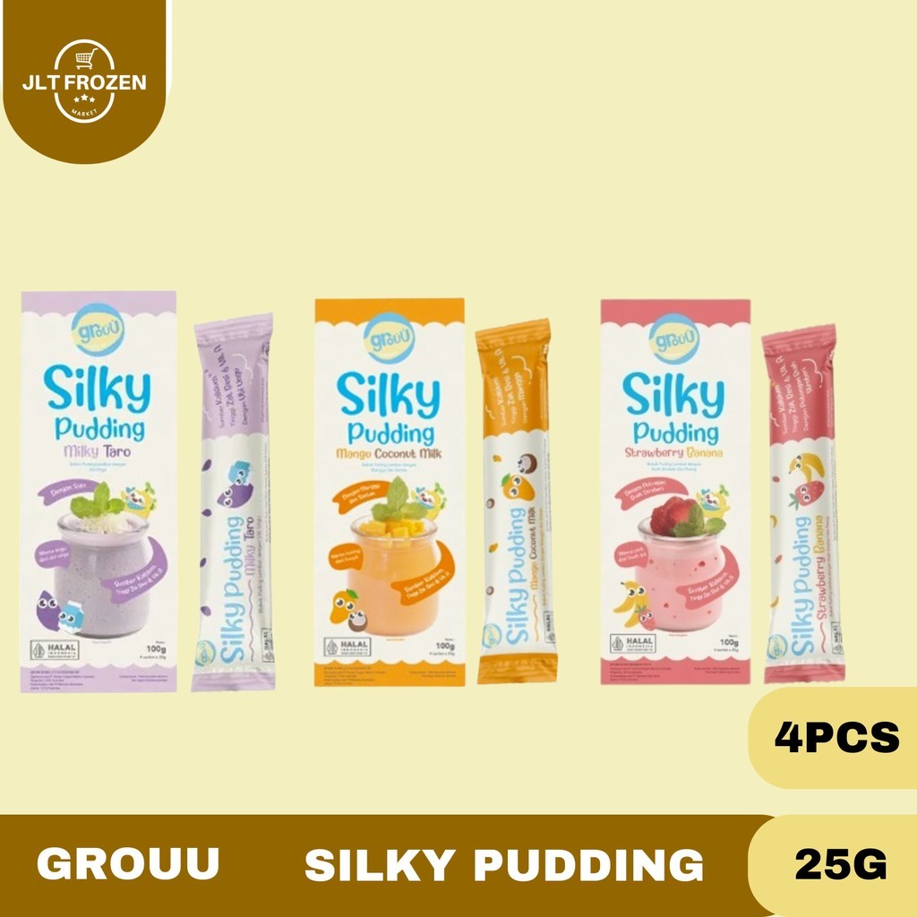 

Grouu Silky Pudding 25G - 1 BOX / 4 PCS / Pudding Lembut Rasa Strawerry Banana / Milky Taro / Mango Coconut Milk