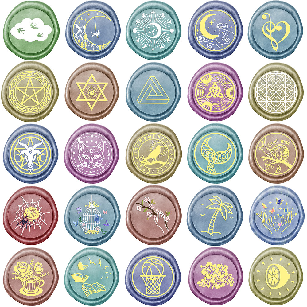 

Bright Moon Clouds Pentagram Wax Seal Stamp Ox Cat Head Snake Spider Blossom Mixed Creature Pattern for DIY Gift Card Decor 2024