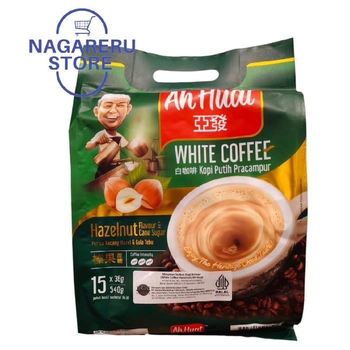 

Ah huat white coffee hazelnut flavor and cane sugar 540gr (15 sachets x 36gr)