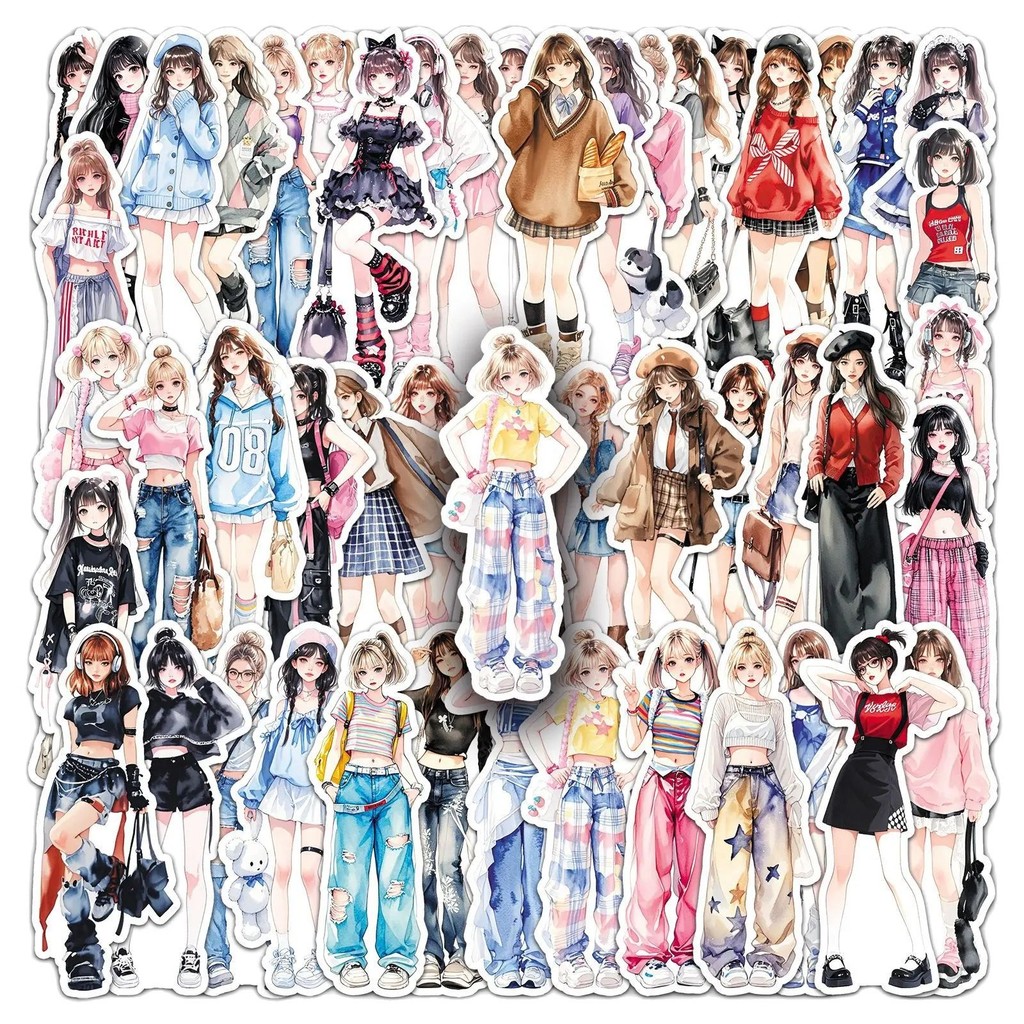 

50Pcs Cartoon High Street Girl Wearing Stickers Girls Decals Scrapbooking Notebook Luggage Laptop Skateboard Sticker