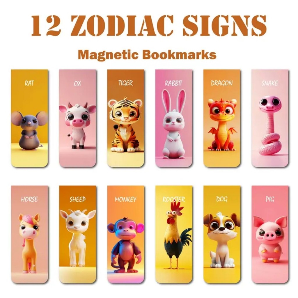 

12pcs Zodiac Animal Magnetic Bookmarks - Cute Page Markers for Students & Teachers, Perfect Party Favors