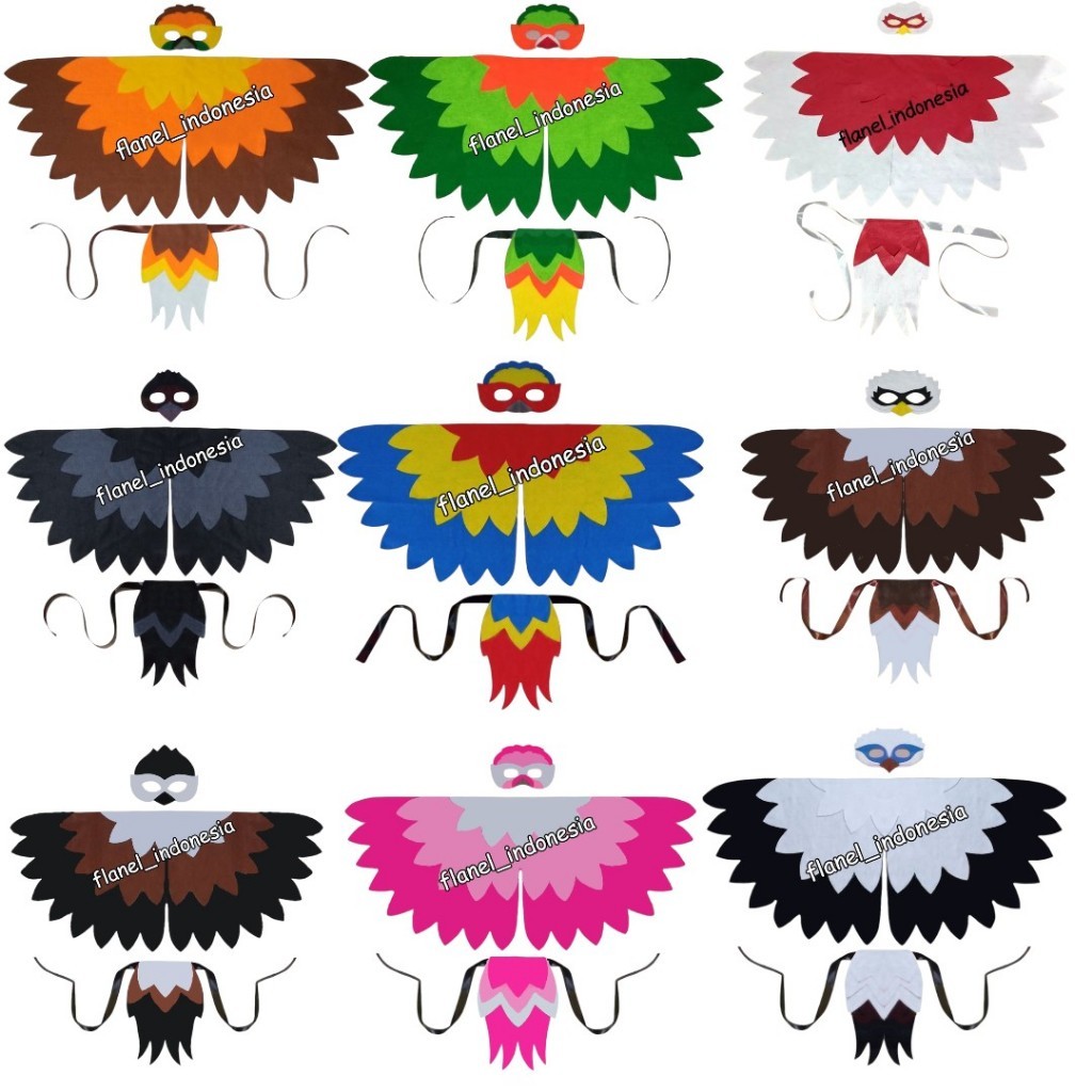 Kostum Burung Anak Dewasa | Costume Set Bird Wings Mask Sayap Flanel Cendrawasih, Gagak, Nuri, Elang