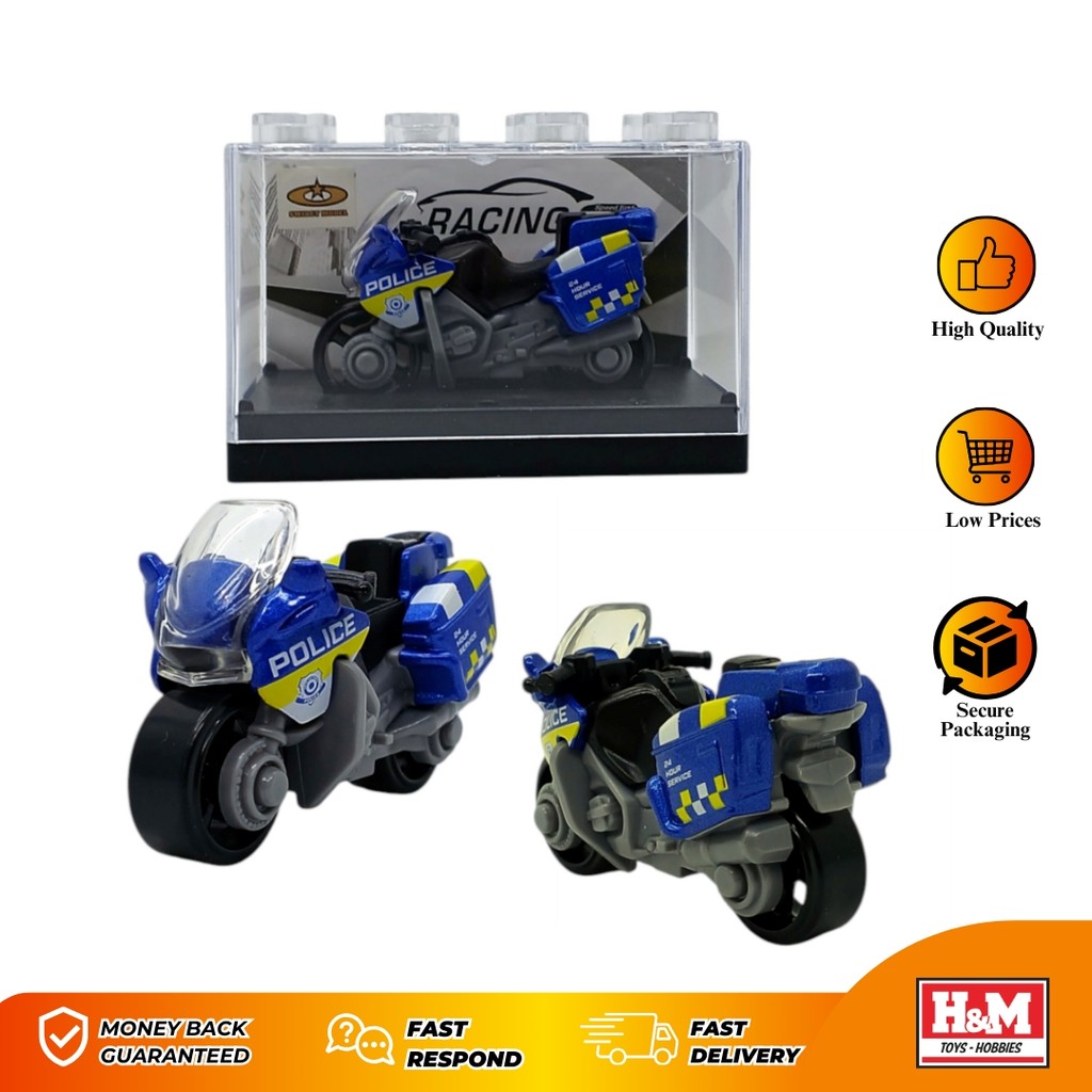 Diecast Motor Police Biru #2 - Mainan Kendaraan Motor Polisi - Kemasan Acrilic