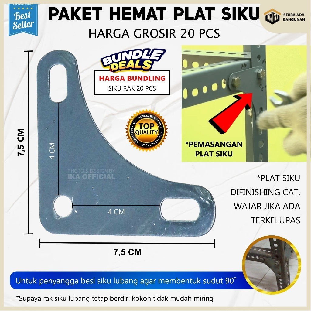 SAB Paket 20 pcs Plat siku bolong 7,5×7,5 Lubang Baut 12 / PLAT SIKU LUBANG / PLAT SEGITIGA RAK BESI