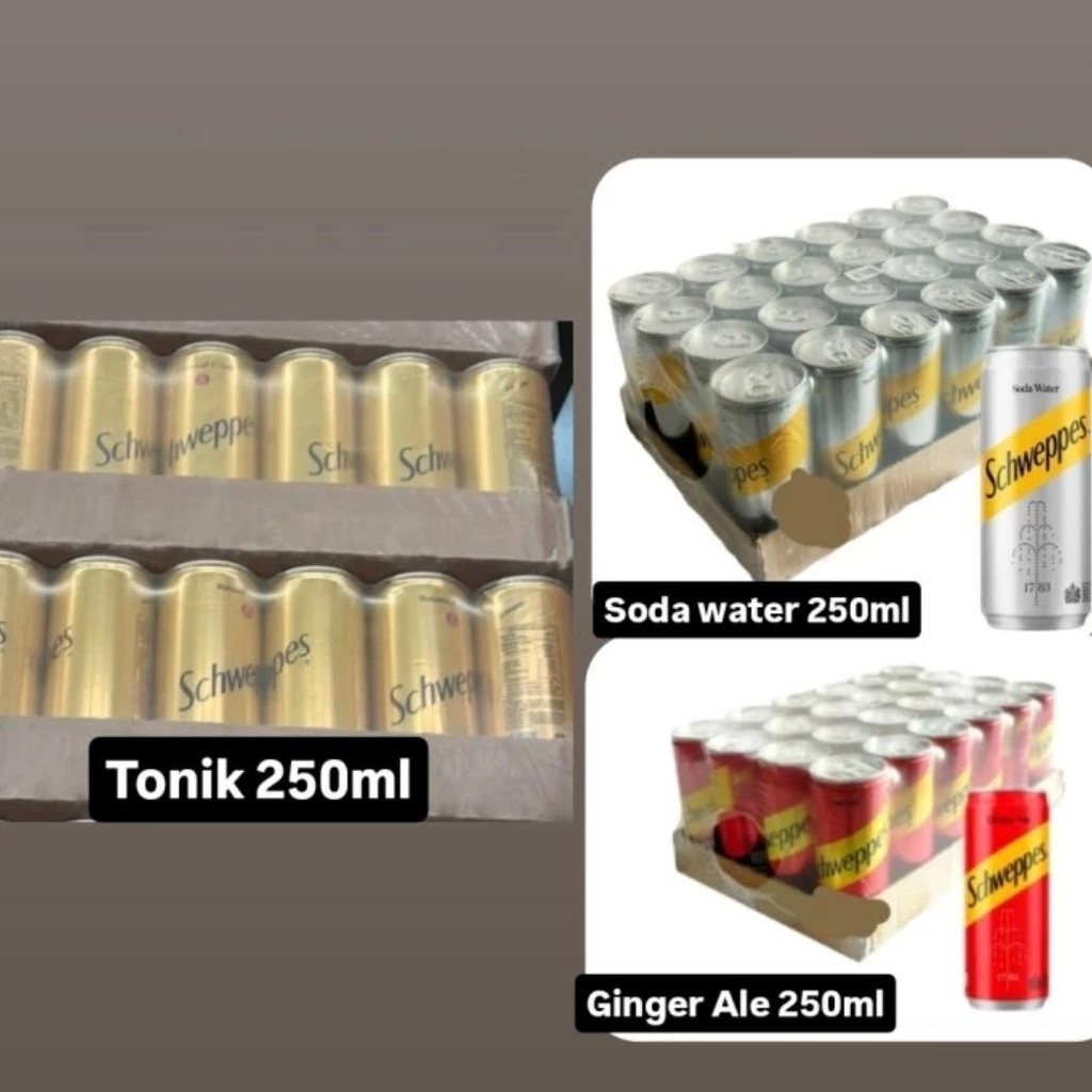 

Schweppes Minuman Kaleng 250ml SODA WATER / TONIC WATER / GINGER ALE ( 1 dus isi 24 )