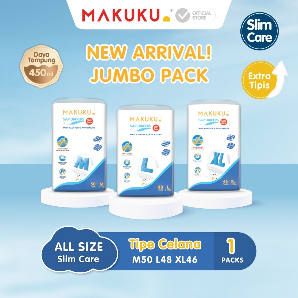 

NEW [1 PACK] MAKUKU SAP Diapers Slim Care JUMBO Pants M/L/XL/ Popok Bayi Tipis Extra Dry Anti Gumpal Mengunci Cairan Cepat Kering Type Celana PREMIUM