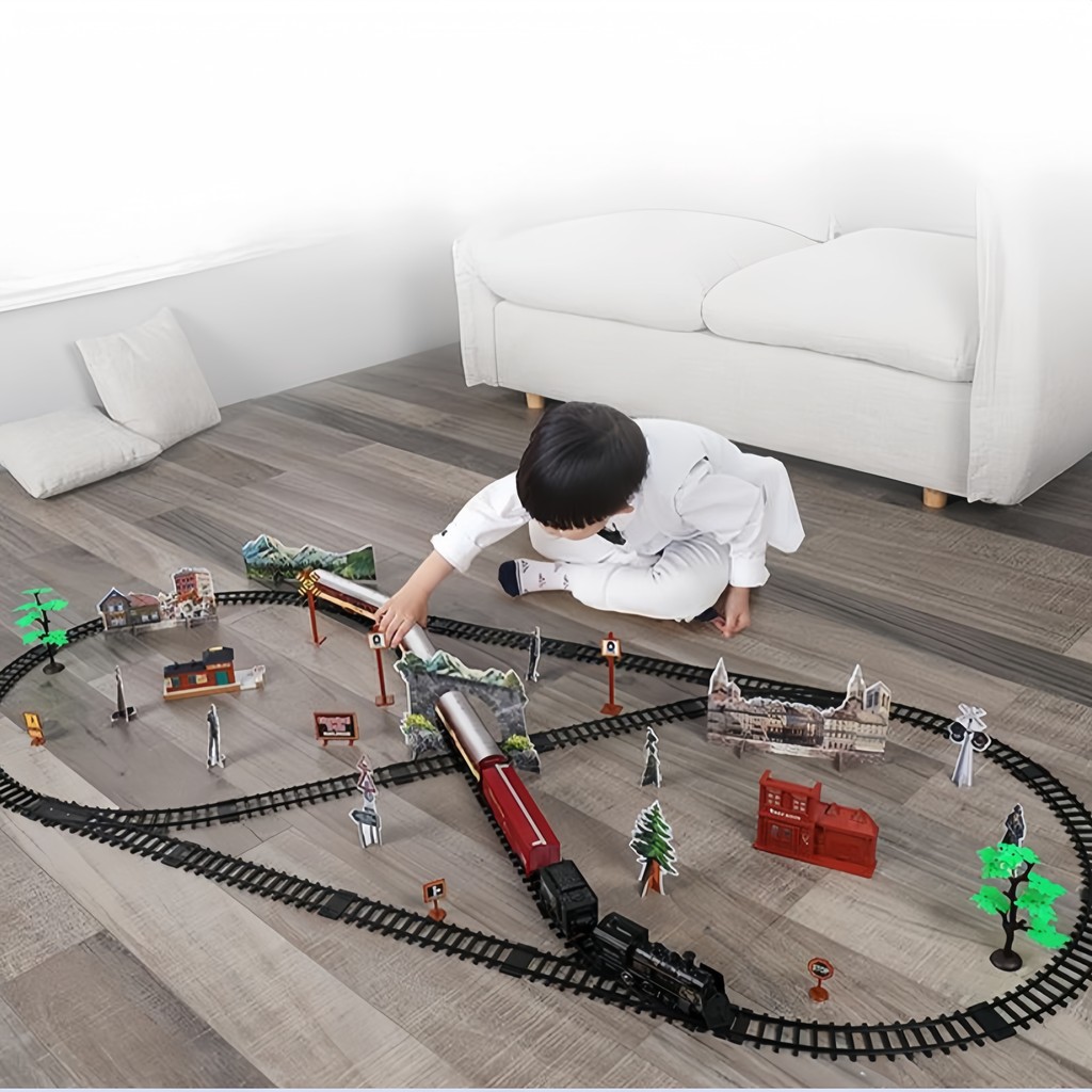 Kids Electric Steam Train Toy Rail High-Speed Rail Parking Lot Model Family Reunion Party Game Boy E
