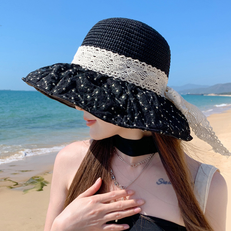 Knitted Hat Women's Spring Fisherman's Hat Sunscreen Shade Hat Beach Sun Hat Lace Knit Soft