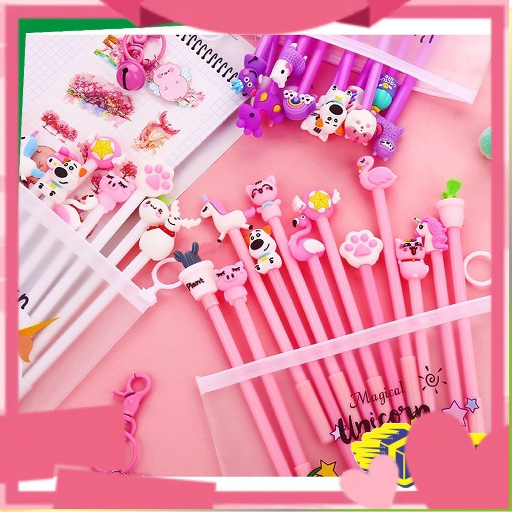

*COD*FH-A15 Pulpen Gel Karakter Lucu Set Isi 20PCS Pena FREE Zipper Pouch Tempat Pensil Transparan