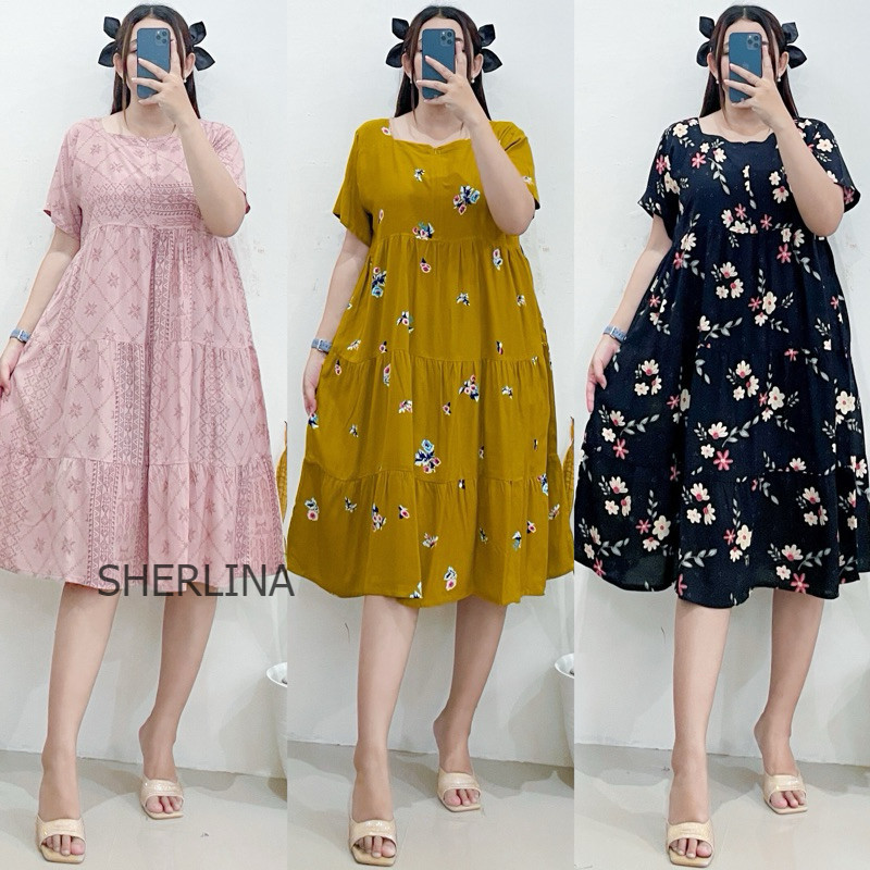 SHERLINA - YUKII DRESS DASTER PENDEK MOTIF REMPEL SUSUN BUSUI BUMIL DAN BUSUI