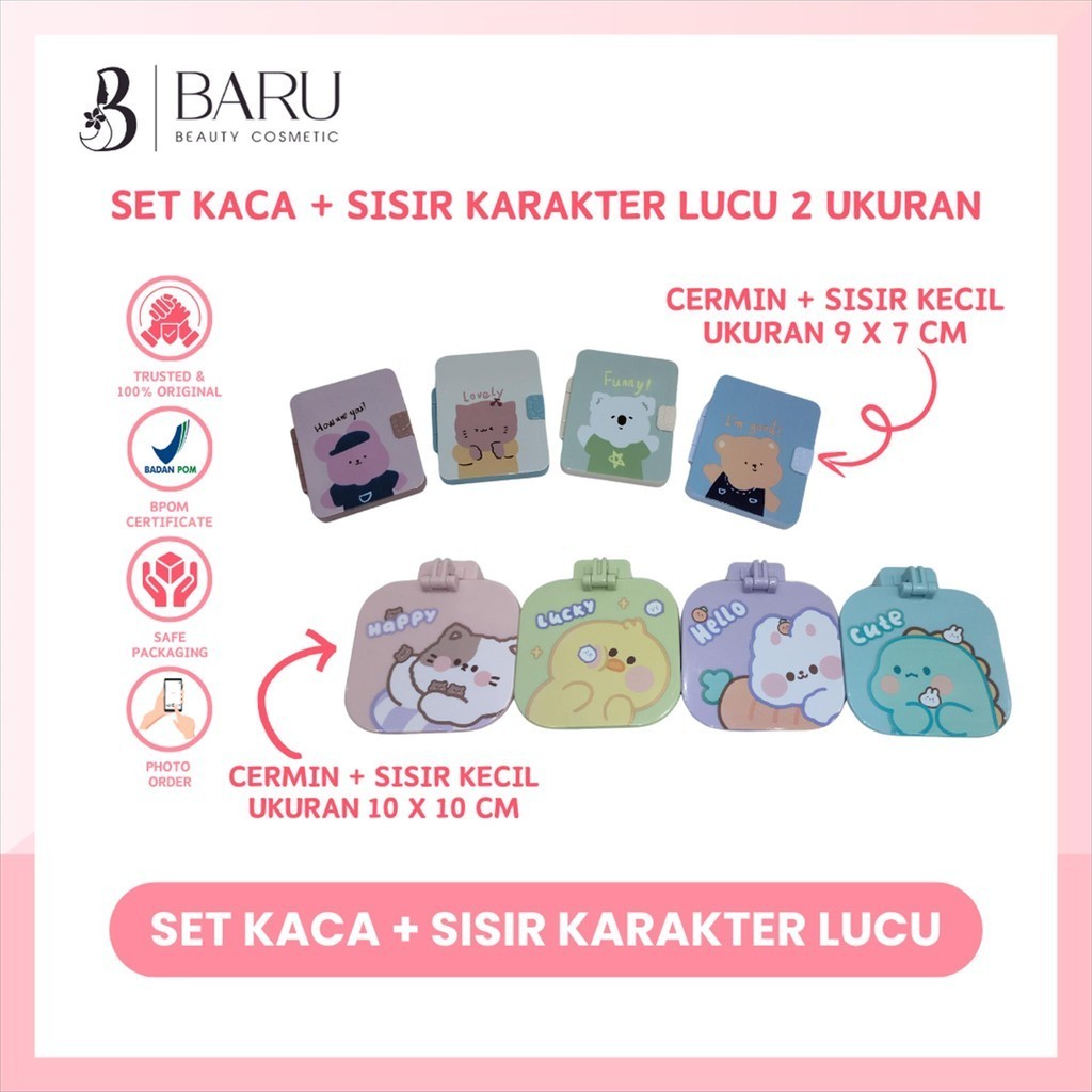 CERMIN Lipat Karakter Lucu + Sisir Kecil 2 Macam Ukuran (Random)