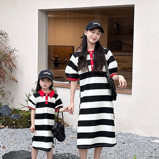 Miranda Stripe Couple Dress /Dress Kerah Polo Couple Ibu Dan Anak Perempuan