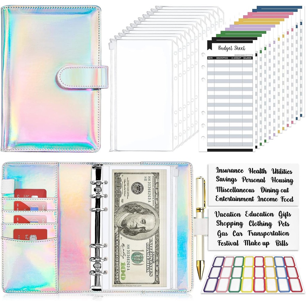 

2023 laser Budget Binder Zipper Envelopes Organizer Cash Envelopes for Budgeting Saving Money A6 Planner 6 Pockets Accessories