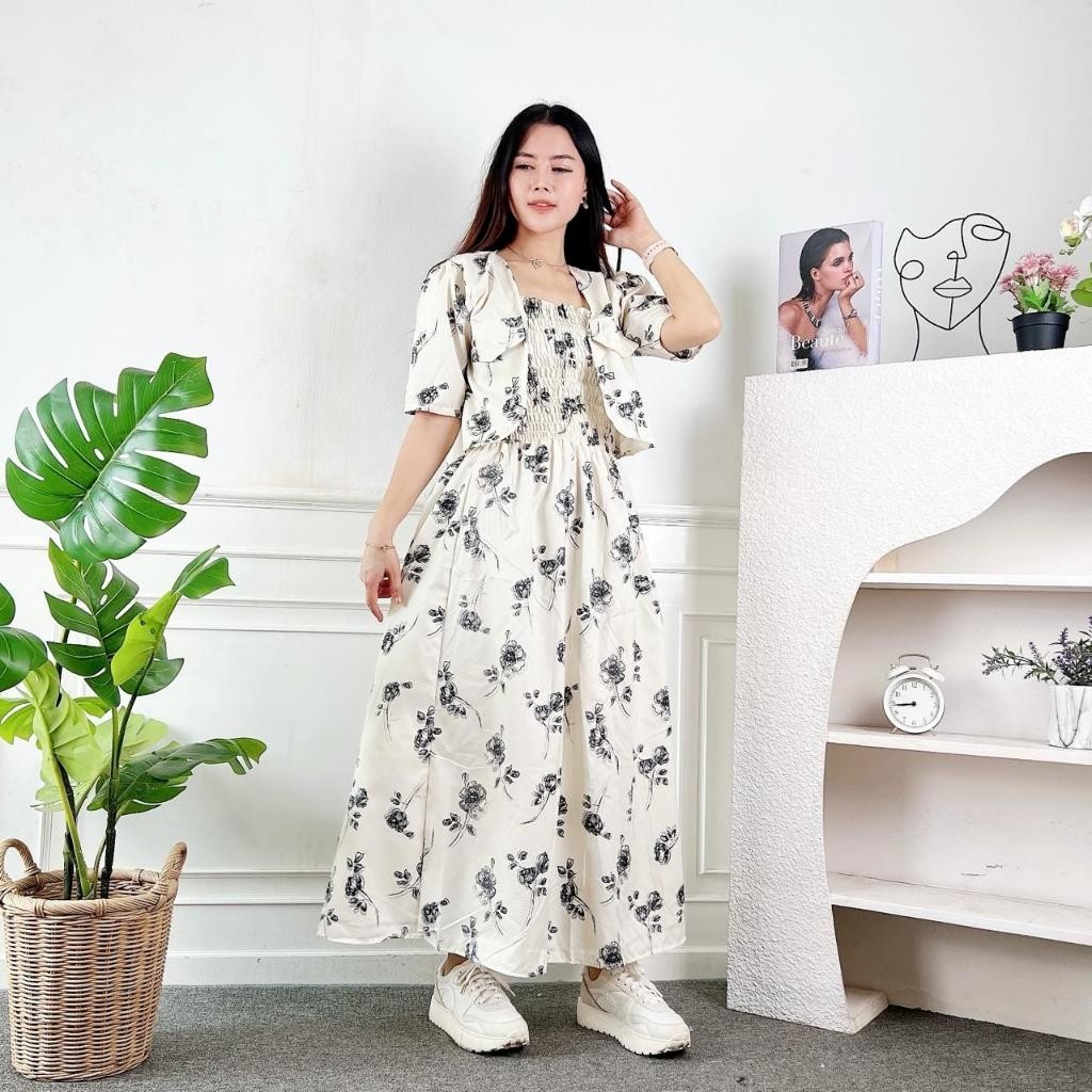 W & K - ZEC SET CARDI+LONGDRESS WANITA MALA / 2in1 Set Flowie / OOTD One Set Kekinian / Simple Outfi