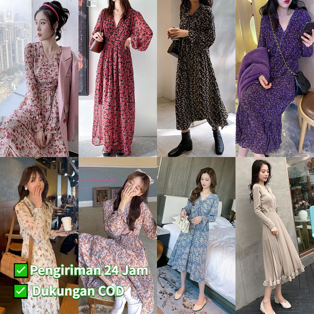 Dress Floral Maxi - Bahan Sifon, Lengan Panjang, Gaya Korea