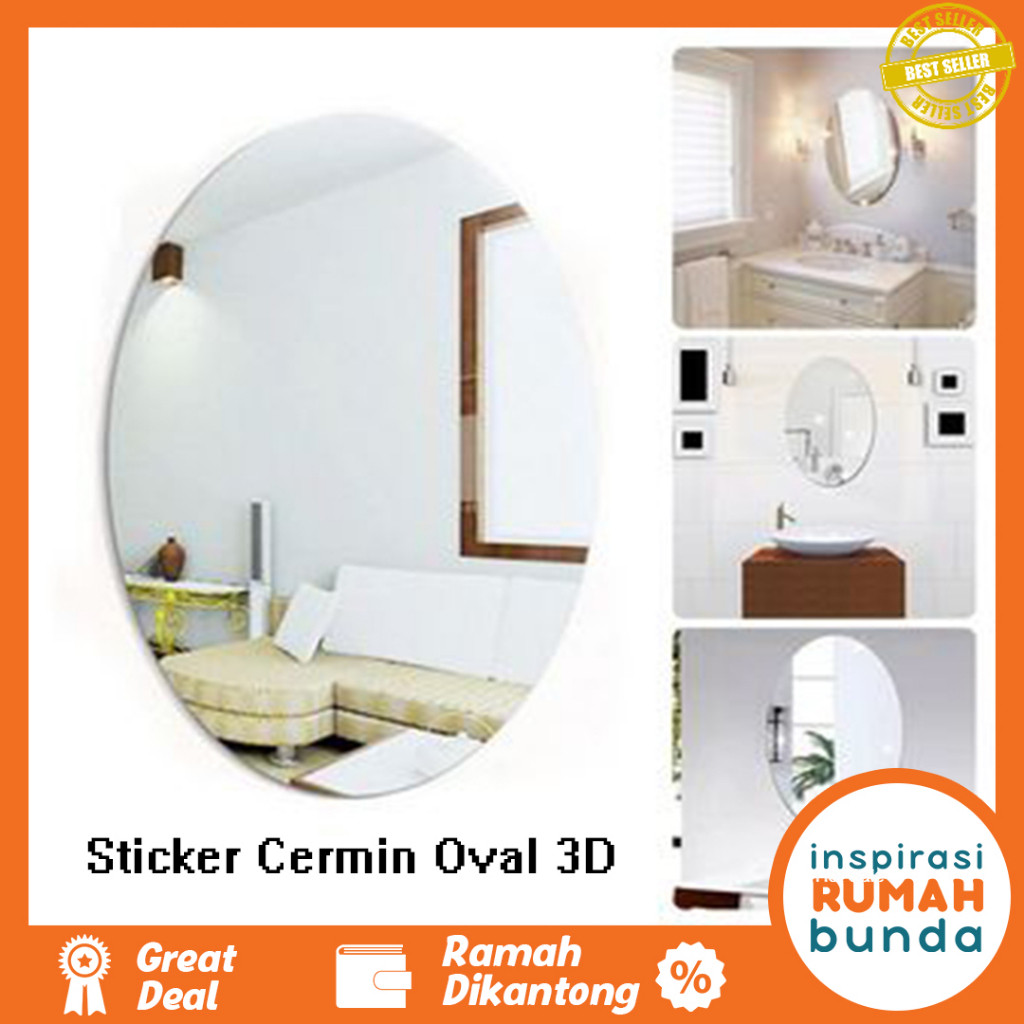Wallpaper Mirror Kamar Mandi Stiker Dinding Kaca Acrylic Sticker Cermin Oval 3D