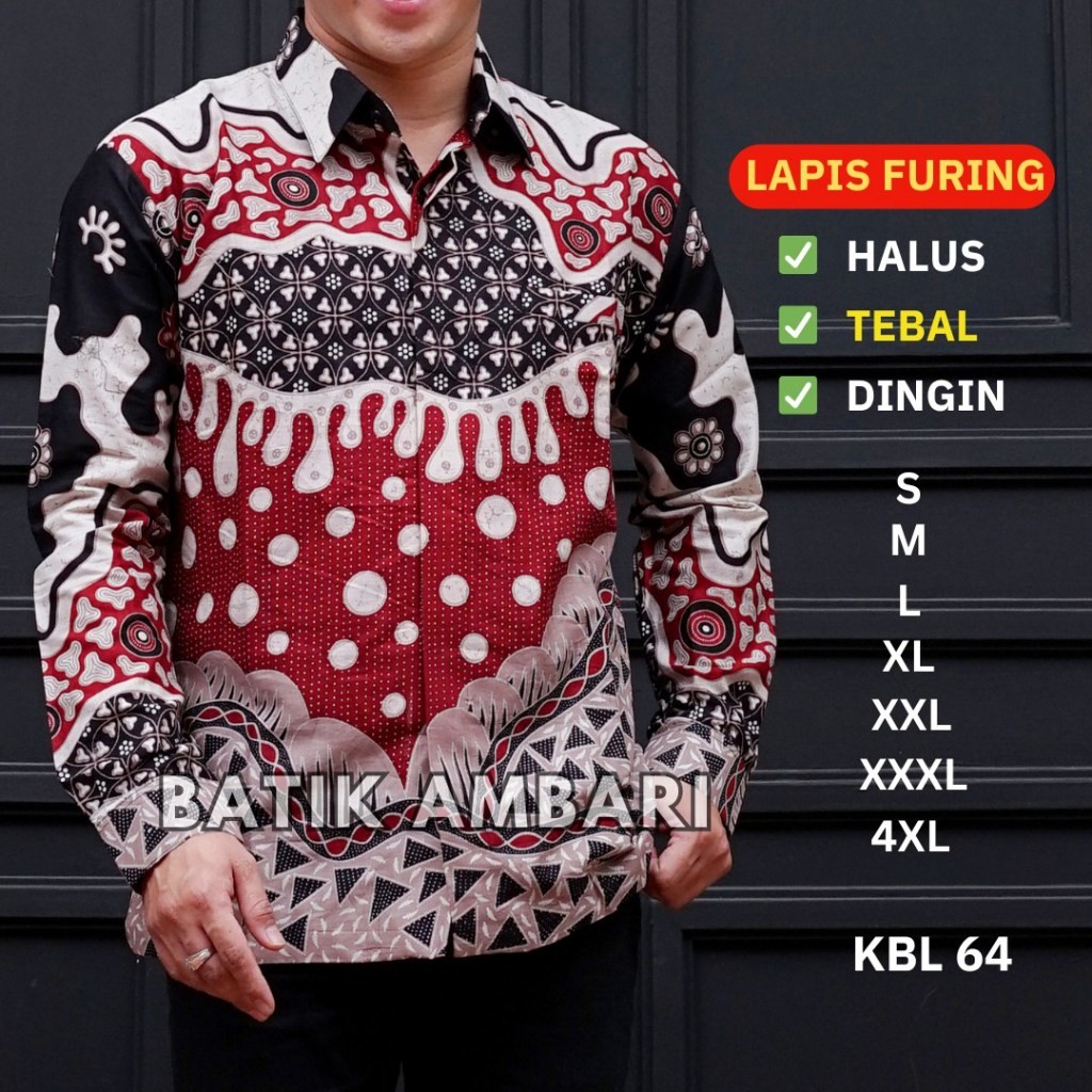 Batik Pria LAPIS FURING Kemeja Batik Lengan Panjang STANDAR JUMBO XXXL 4XL Merah Putih Hitam KBL 64