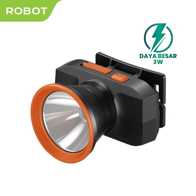 ROBOT Headlamp LED 3W Super Terang 1200mAh 45Jam 9Jam Adjustable Brightness Touch Switch Aluminium B