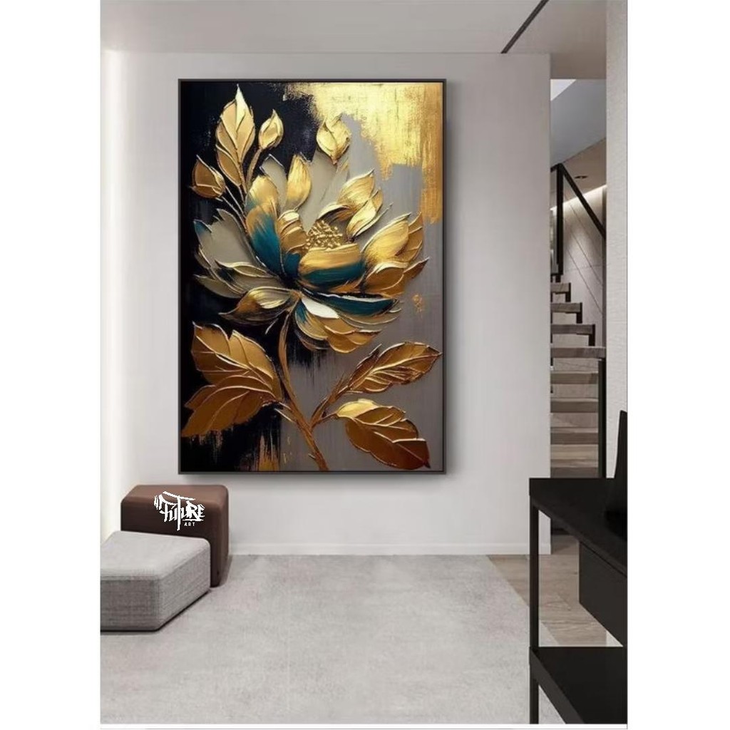 lukisan canvas dinding aesthetic bunga golden ruang tamu luxury interior hotel office home decor - F