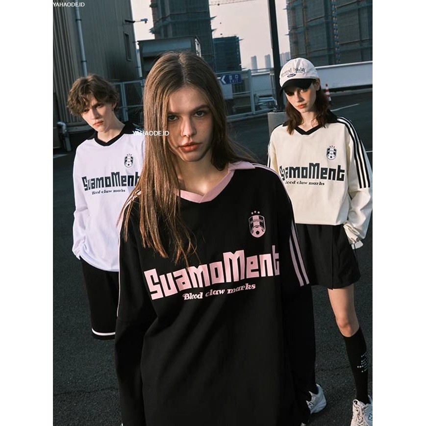 YAHAO-Kaus Olahraga Kerah Bermotif Untuk Pria Dan Wanita Lengan Panjang Kasual Longgar