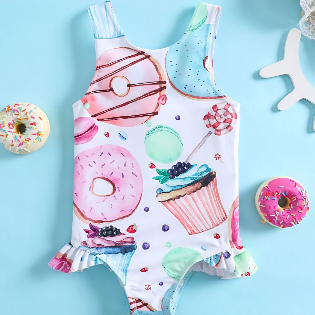 New girl's summer swimsuit creative donut print hot spring beach swimsuit one piece sleeveless swims