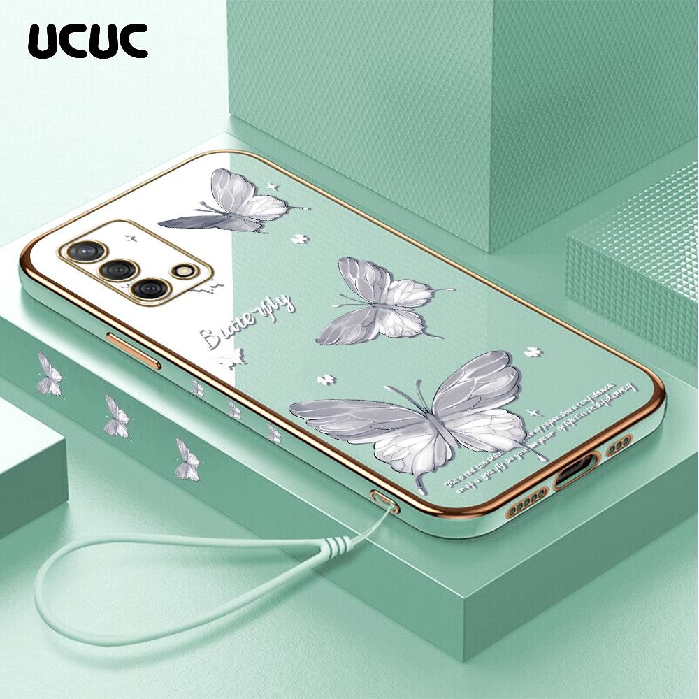 UCUC OPPO A74 A95 (Lanyard Gratis) Cartoon Square Edge Pattern Design Luxury Plating Soft Phone Case