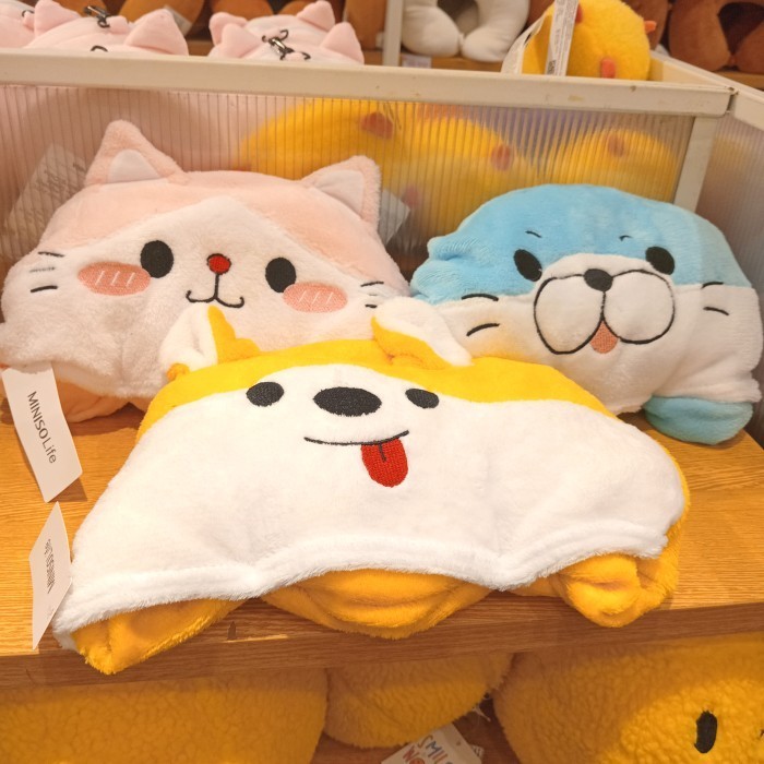 MINISO Animal Faces Collection Hooded Blanket - Selimut Hoodie Lucu - Selimut Dengan Tutup Kepala