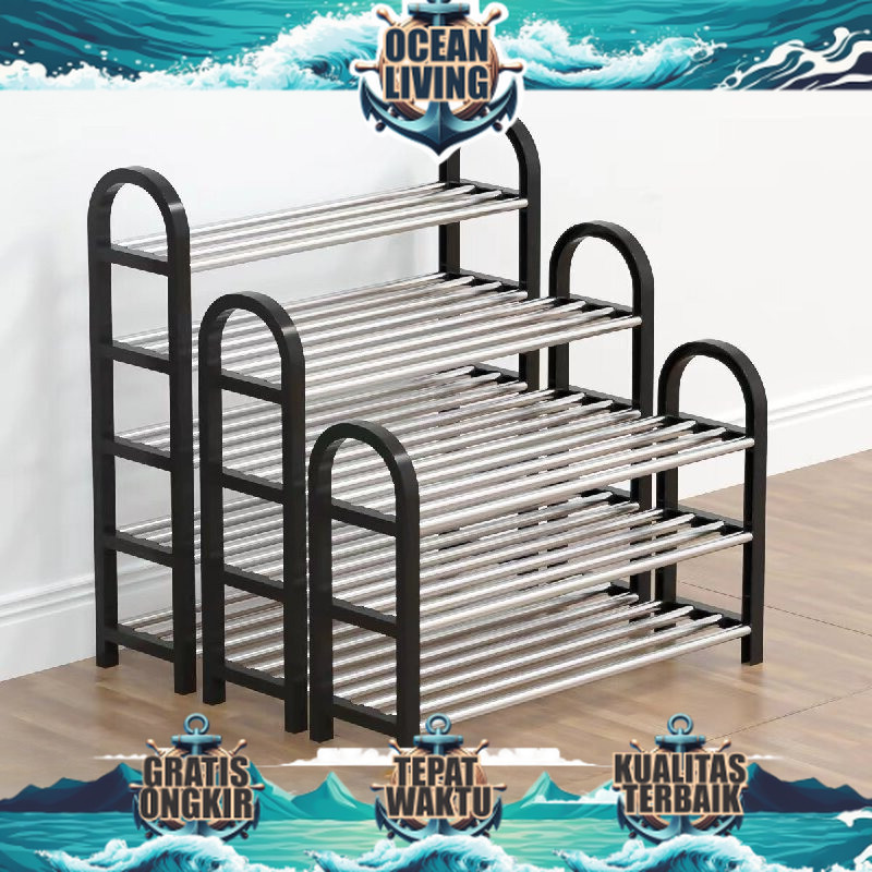 Bahan Plastik & Stainless Rak Sepatu Sandal 5/4/3 Tingkat Tempat Sepatu Estetik 75x20x75cm - OCEAN L