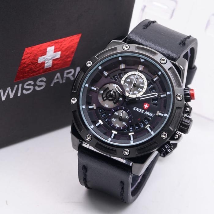 JAM TANGAN PRIA SWISS ARMY TALI KULIT CHRONO & TANGGAL AKTIF - FULL HITAM