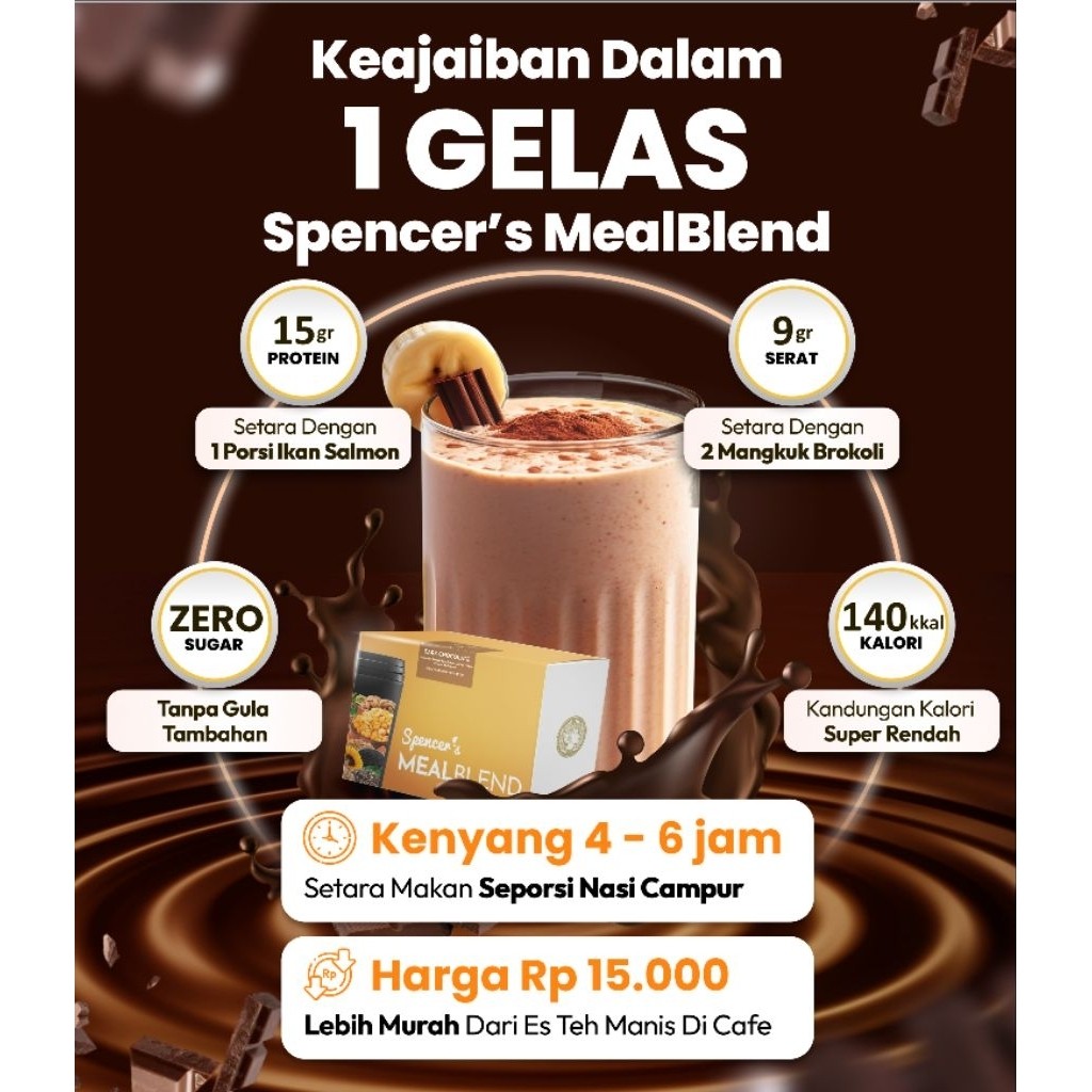 

Spencer's mealblend Rasa coklat 1BOX isi 15 Sachet | Spencer mealblend- Minuman pengganti makan mebantu program diet dan langsing