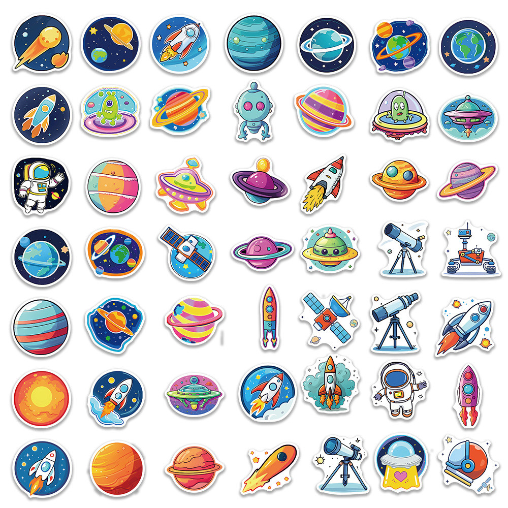 

50Pcs Cartoon Universe Planets Stickers Laptop Stationary Scrapbook Notebook Luggage Aesthetic Outer Space Decals for Kids Gift