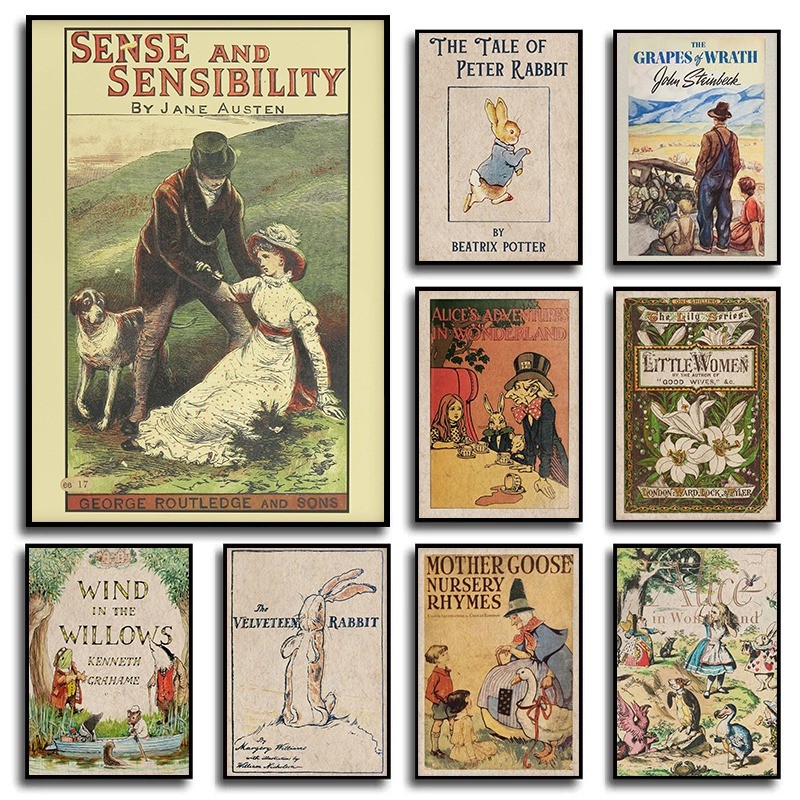 

Vintage Classic Book Cover Poster Alice in Wonderland Mother Goose Fairy Tale Canvas Painting Wall Art Living Room Home Decor