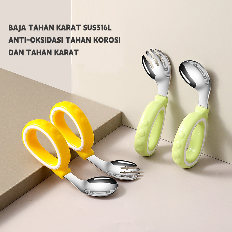 Sendok Anak Stainless Steel Training Spoon Baby Spoon /Sendok Belajar Makan Bayi /Sendok  Bayi  Melengkung/Sendok Garpu Anak