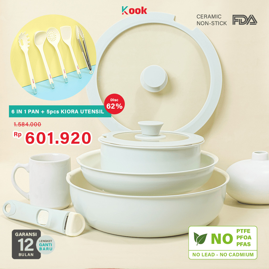 KOOK [BUNDLE PAN+5 SUTIL] 6IN1 PAN SET + KIORA 5pcs Utensils - Non-toxic Ceramic Non-stick Pan Gagan