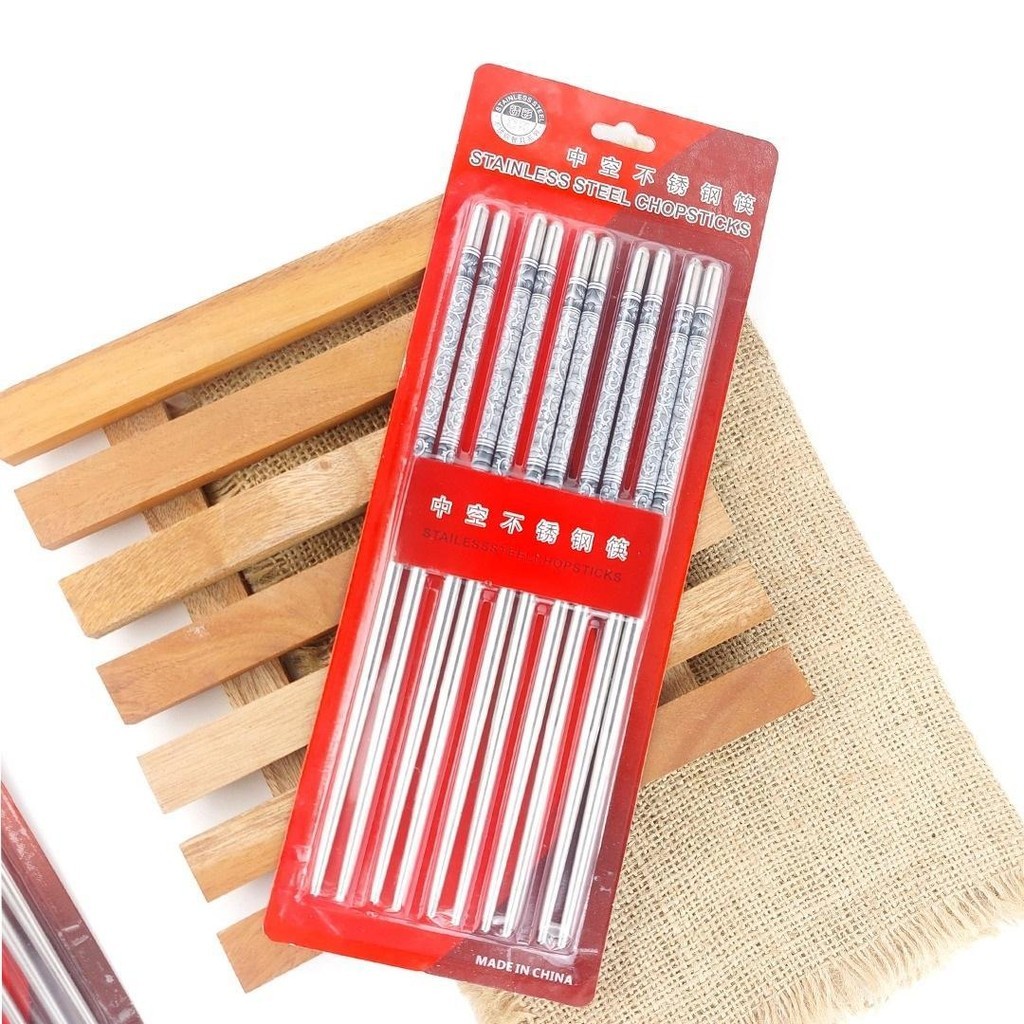CS-SS-M Sumpit Makan Sumpit Bulat Motif Stainless Steel Model Korea Chopstick Isi 5 Pasang Tahan Kar