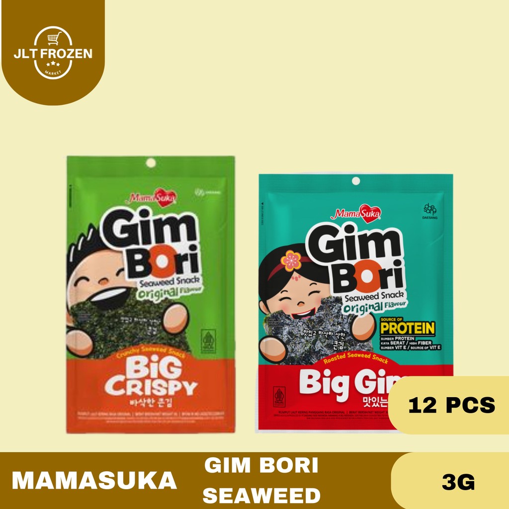 

Mamasuka Gim Bori Seaweed Snack / Rumput Laut Kering / Big Crispy Original / Big Gim Original 3g 1 Box / 12 Pcs
