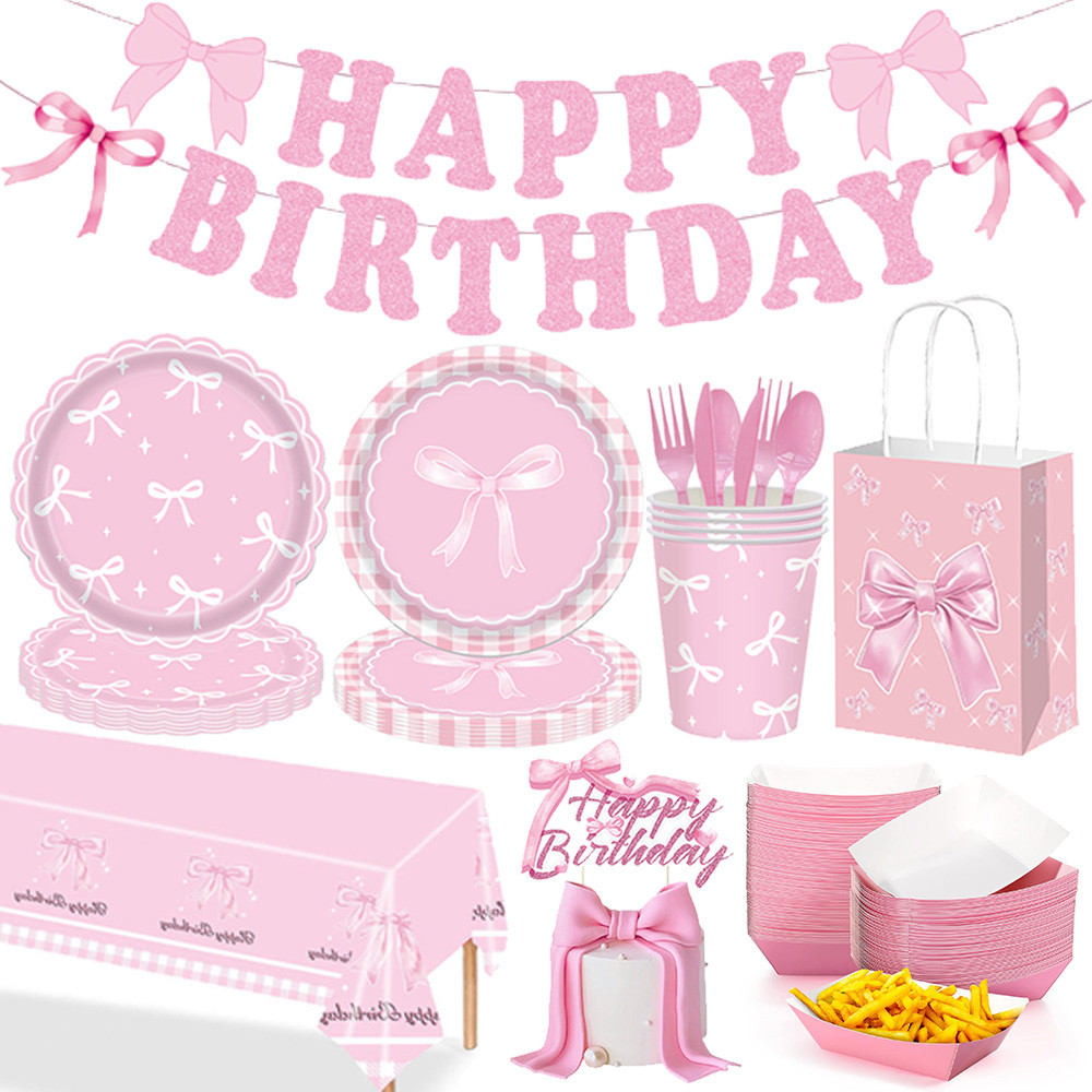 

Pink Bow Pattern Disposable Tableware Paper Plates Cups Napkins Cake Topper Bag Box Girls Birthday Party Baby Shower Decor