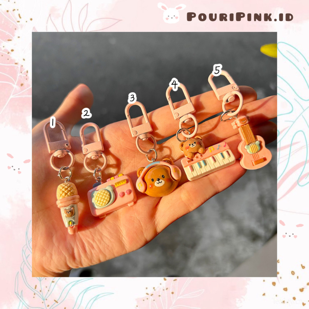 Gantungan Kunci Timbul Mini Bear Music Aesthetic Ganci Beruang Piano Gitar Lucu Aksesoris Keychain C