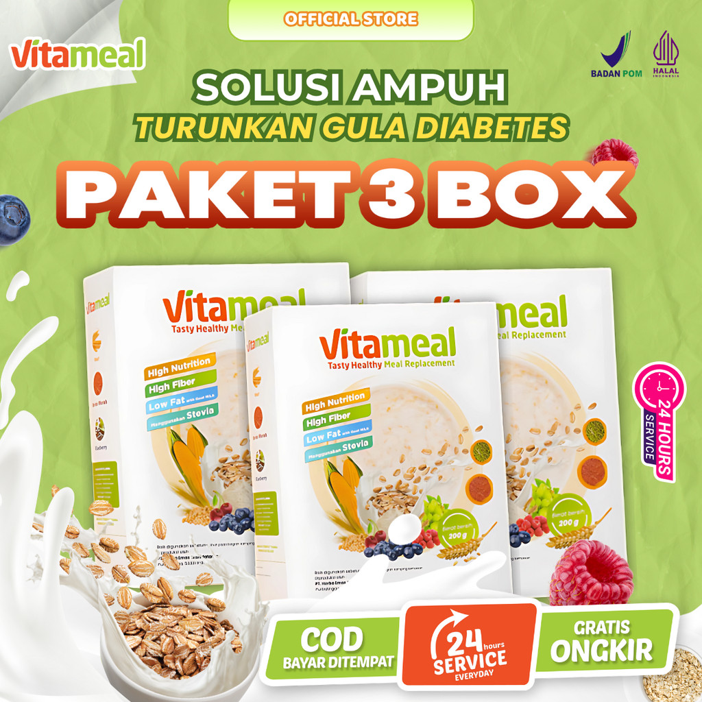 

[ HALAL & AMAN ] Vitameal Paket Promo 3 Box Sereal Diet Diabetes Cegah Komplikasi & Rawat Tubuh dari Dalam VITAMINILK HIPERTENSI